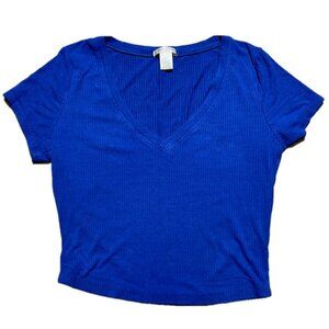 Bozzolo Blue V-Neck Ribbed Tee Medium Stretchy Casual Basic Boho Top